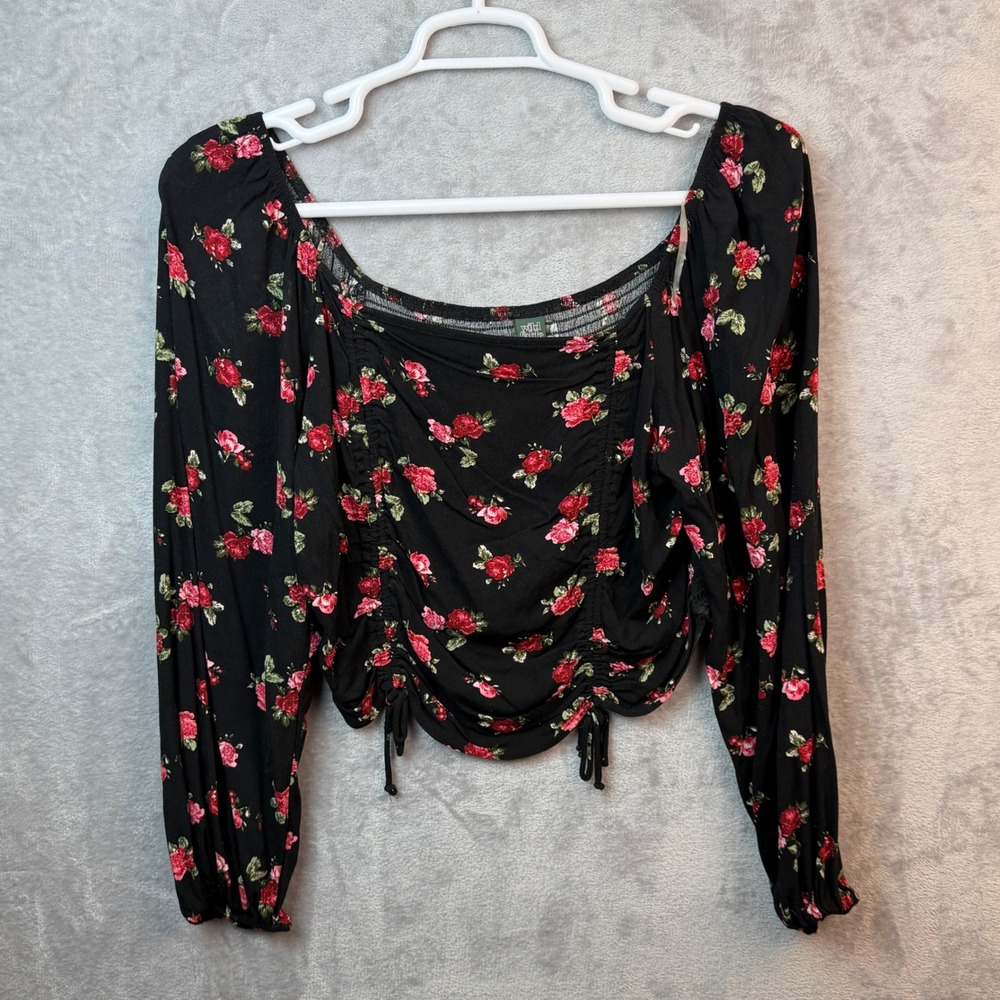 Floral Crop Top Womens XL Rose Whimsigoth Romantic Ruched Front Smocked Back
